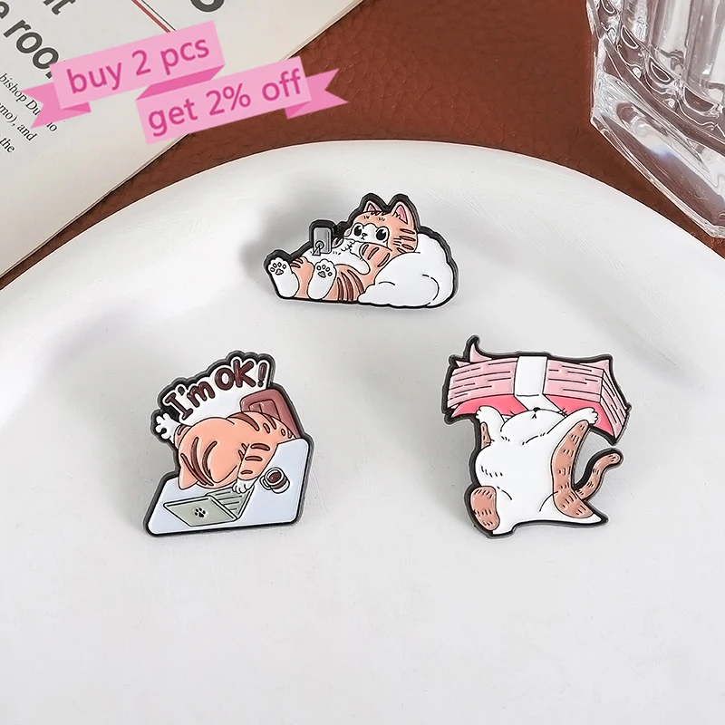 Cats Make Money Enamel Pins Custom Cat Working And Resting Brooches Lapel Badges Clothes Animal Jewelry Gift for Kids Friends
