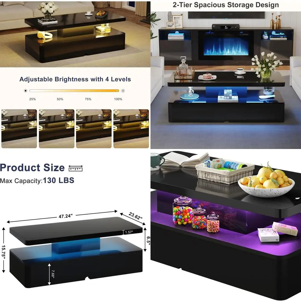 

Прямоугольный журнальный столик со светодиодной подсветкой, 47 с местом для хранения, глянцевый деревянный, несколько цветов, подходит для гостиной, спальни, офиса