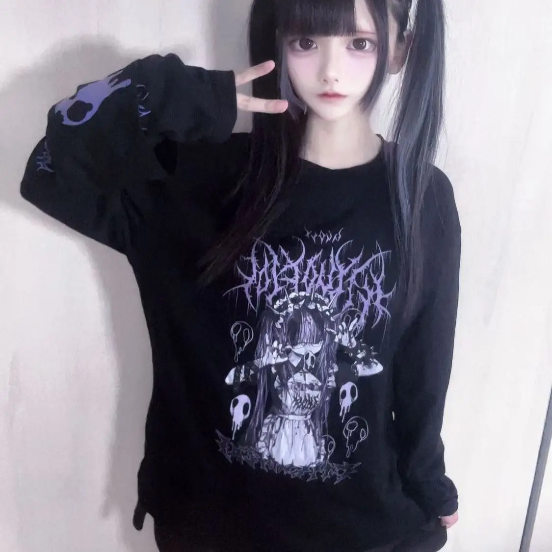 الأصلي طاقم الرقبة الأسود Y2K كم طويل تي شيرت اليابانية ثقافة فرعية أنيمي طباعة تي شيرت ربيع الخريف جديد فضفاض تنوعا القمم