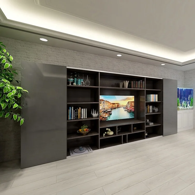 Unit Wall Tv Stand Wall Units for Living Room with White Silding Door and LED Light