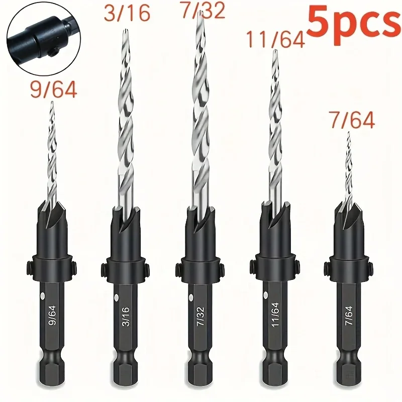 Woodworking Countersink Set - HSS Conical Countersink Bit with Hex Wrench 5 Piece Set (7/64