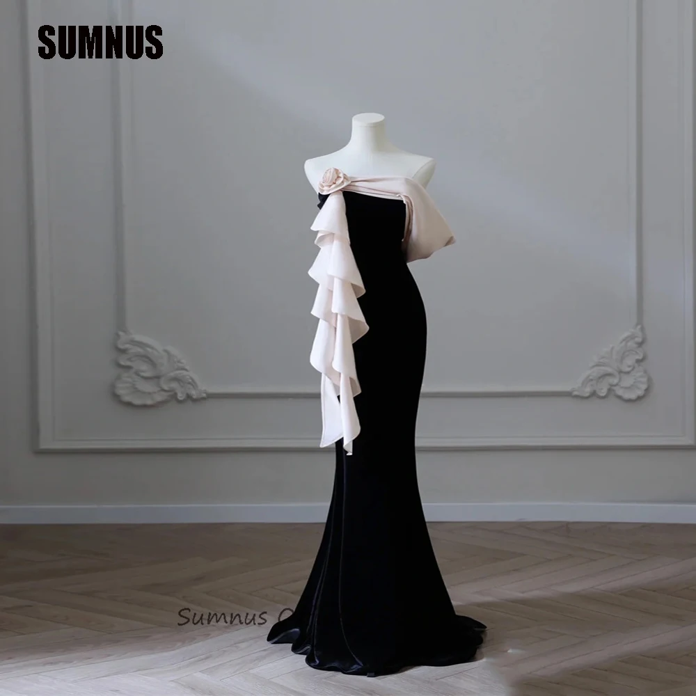 

SUMNUS Elegant Long Mermaid Prom Dresses Strapless Chiffon Ruffles One-Shoulder Evening Dress Classic Floor Length Party Gowns