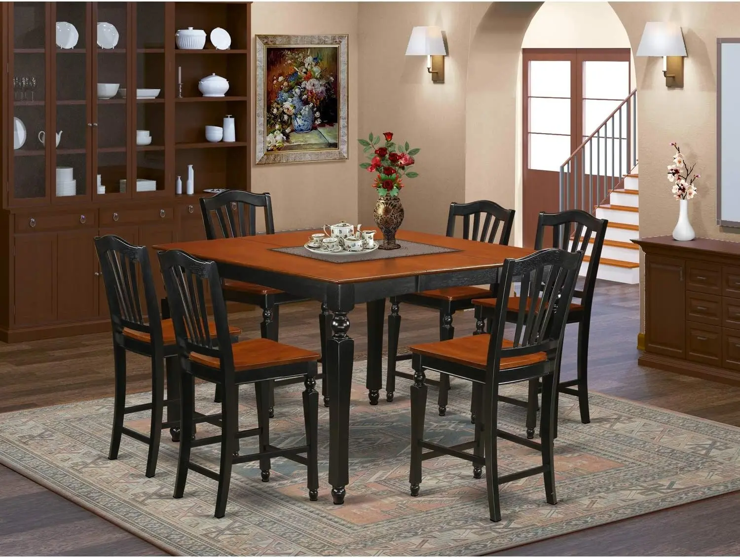 7 Piece Counter Height Pub Set Consist of a Square Table with Butterfly Leaf and 6 Dining Room Chairs, 54x54 Inch