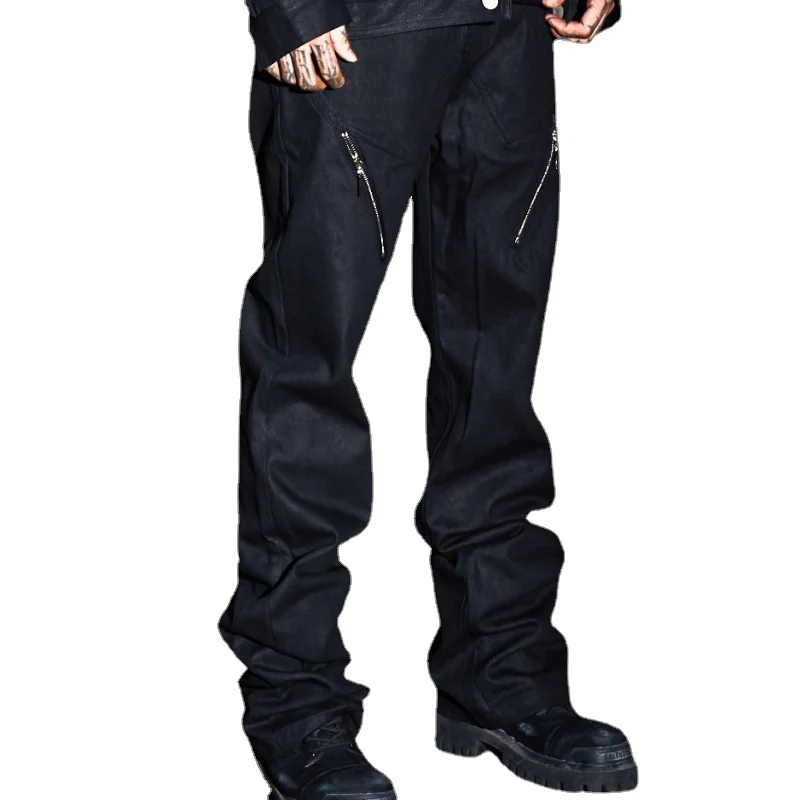 

Design Black Brush Wax Bootcut Trousers Deconstruction Zipper Decorations Jeans Trousers Men's Pants