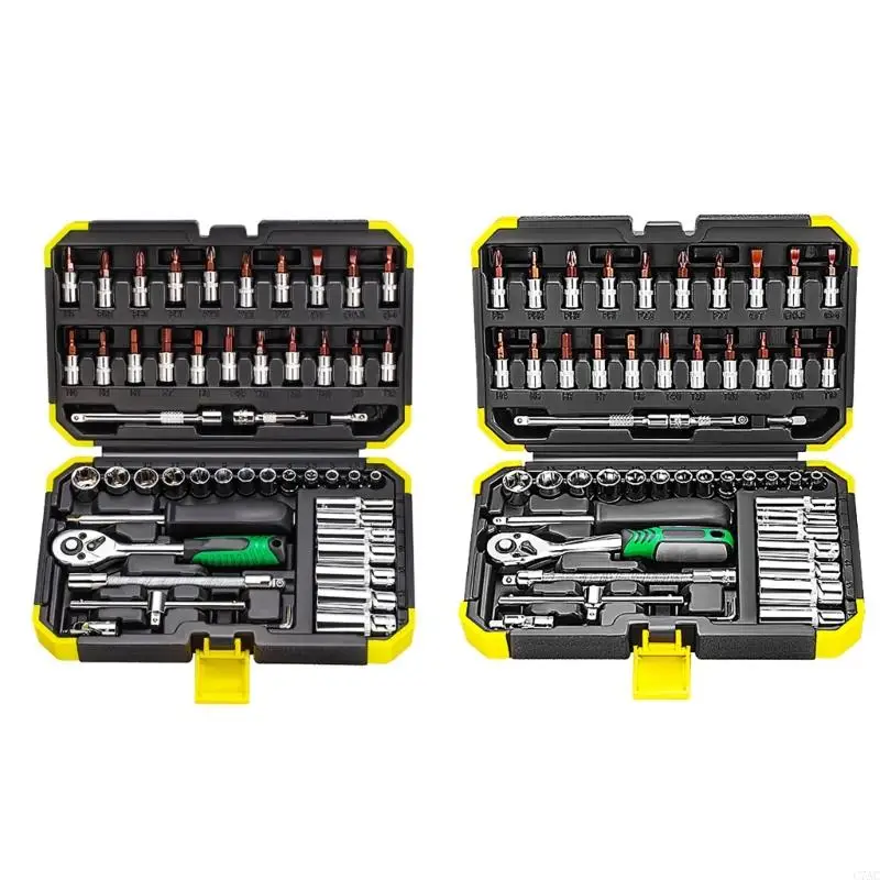 53Pcs 1/4 Inches Ratcheting Sockets Wrenches Extension Bar Set for Automotive Repairs and Home Projects C7AC