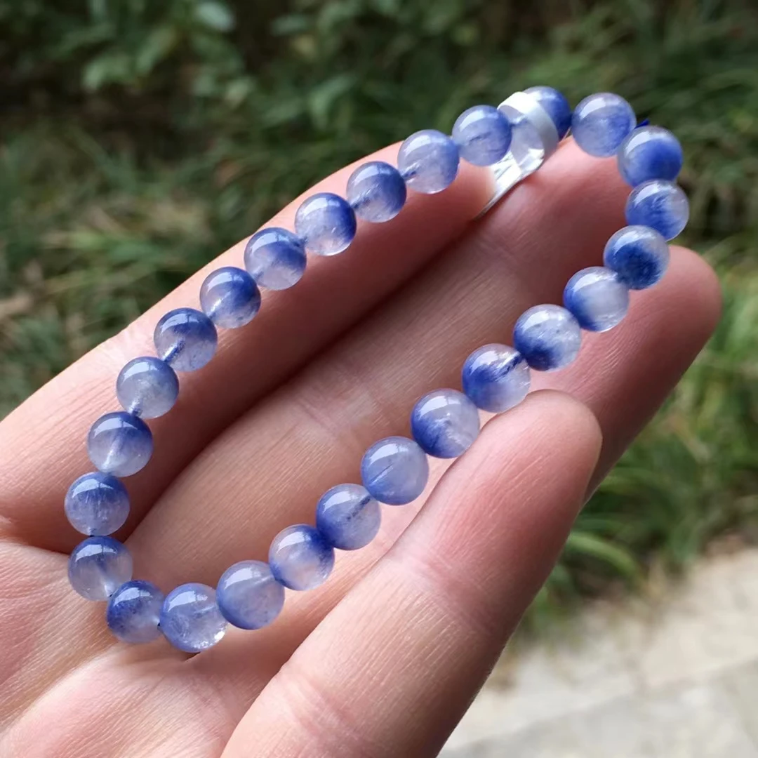 

Natural Blue Rutilated Dumortierite Quartz Bracelet Jewelry Cat Eye 6.7mm Women Men Clear Round Beads Rare Stone AAAAA