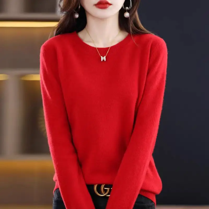 

Spring and autumn women's crewneck loose thin solid color woolen sweater women's knit base shirt