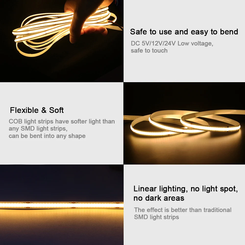Bande lumineuse LED COB haute densité, éclairage linéaire, bande flexible, chaud, naturel, blanc froid, prise CC, fil 2 broches, 5V, 12V, 24V, 320, 480
