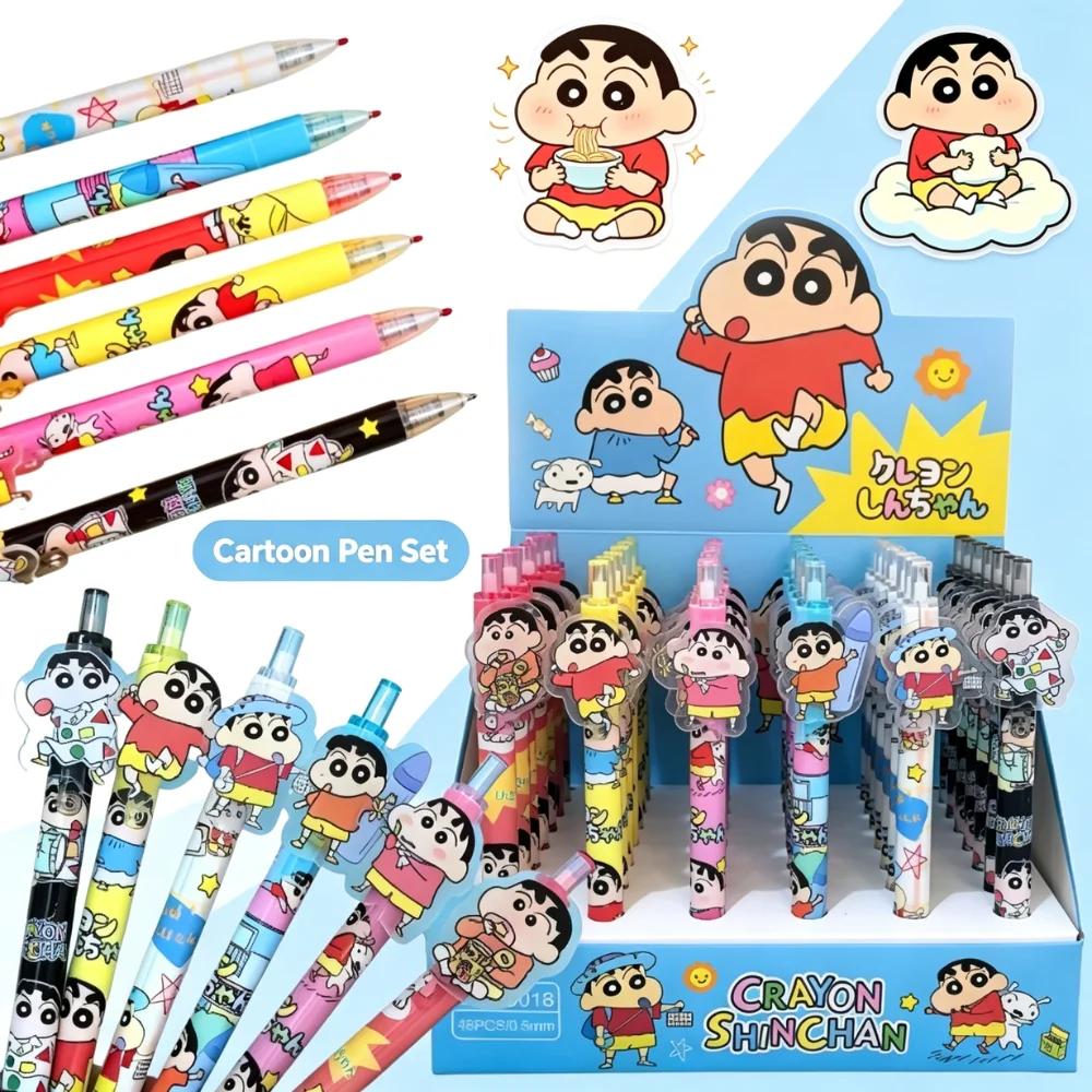 #HOT Kawaii Crayon Shin‑chan Acrylic Patch Retractable Gel Pen 0.5mm Plastic Smooth Quick‑dry Ink Pens, School Daily Writing Use