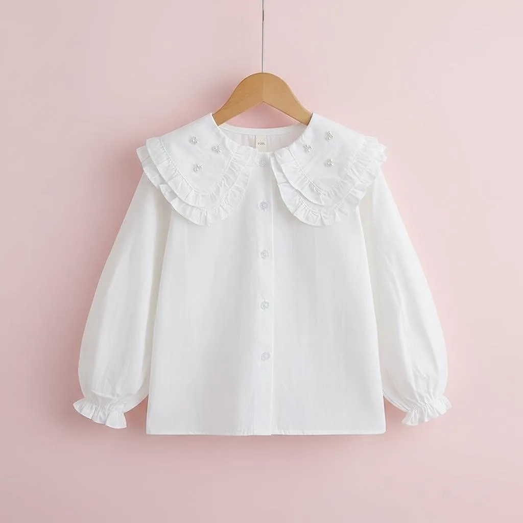 Girls' Spring and Autumn Shirt Korean Long Sleeve White Shirt Children's  Children's Double layered Baby Collar Bottom