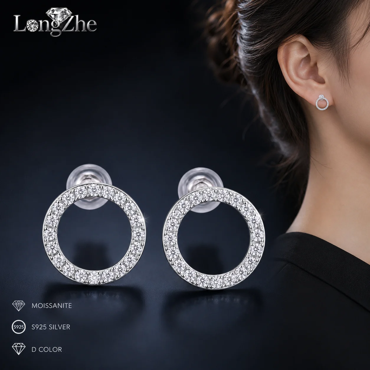 LongZhe Moissanite Stud Earrings S925 Sterling Silver Round Circle Earrings 40 Stones Geometric Daily Jewelry Gift for Women