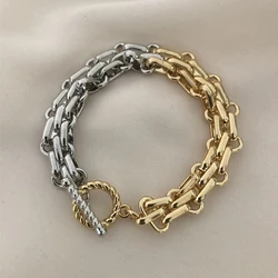 GHIDBK Punk Half Gold Color Half Silver Color Chunky Wide Chains Bracelets Woman Rock Toggle Clasp Bracelet Statement Jewelry