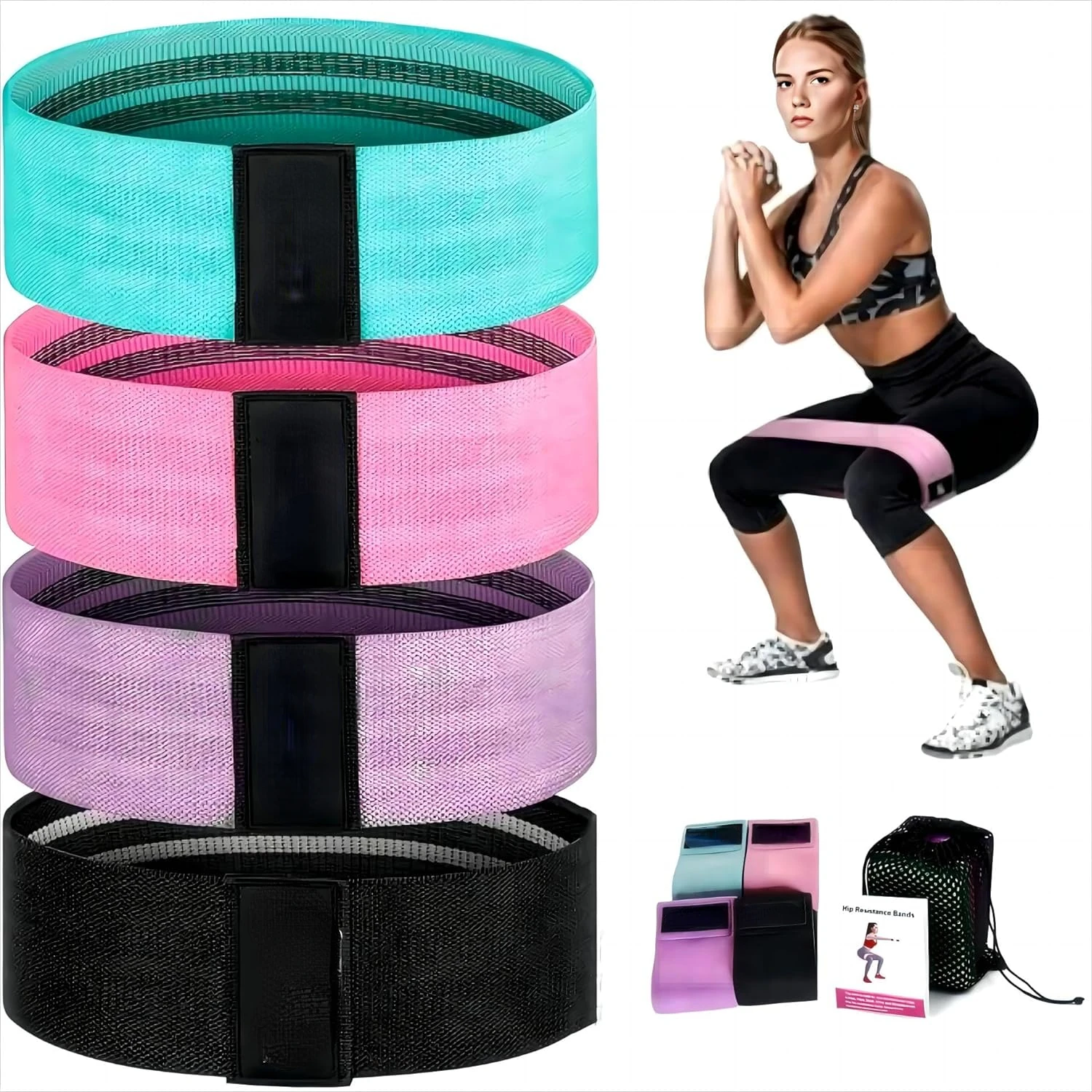 Booty Elastic Resistance Bands Set - Ideal Fabric Bands in 4 Levels for Perfect Pilates and Leg Butt Stretching - Effective Work