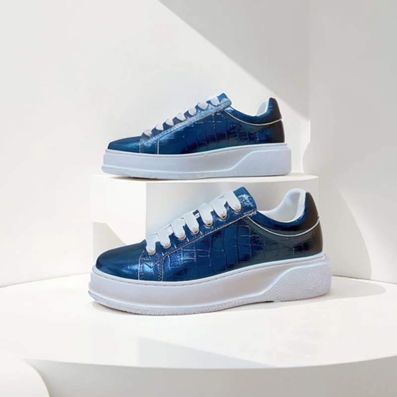 

Blue Low Sneakers Women Cow Leather Lace-up Stone Pattern Business Croc-Sneakers Casual Shoes Flats Unisex Handmade
