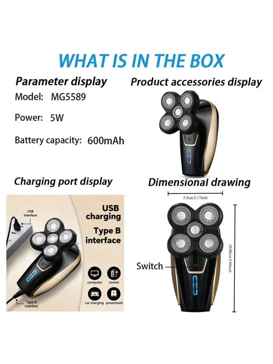 2026 ماكينة حلاقة الرأس مشابك الشعر مقاومة للماء ماكينة حلاقة كهربائية دوارة أداة تهذيب اللحية للرجال قابلة للشحن #6