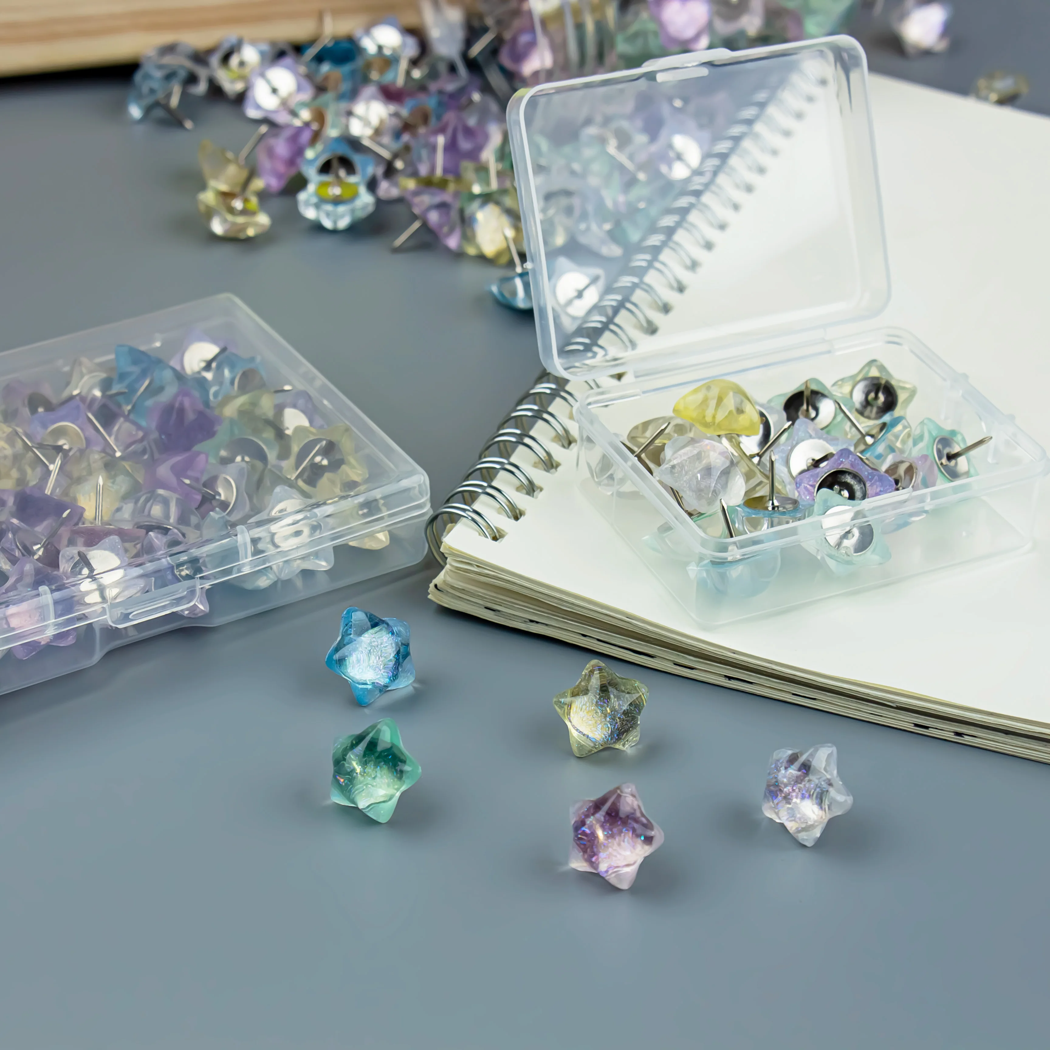 Transparent Star Push Pins Mixed Color Pentagram Thumb Tacks With Box for Cork Board Photo Wall School Office DIY Decor