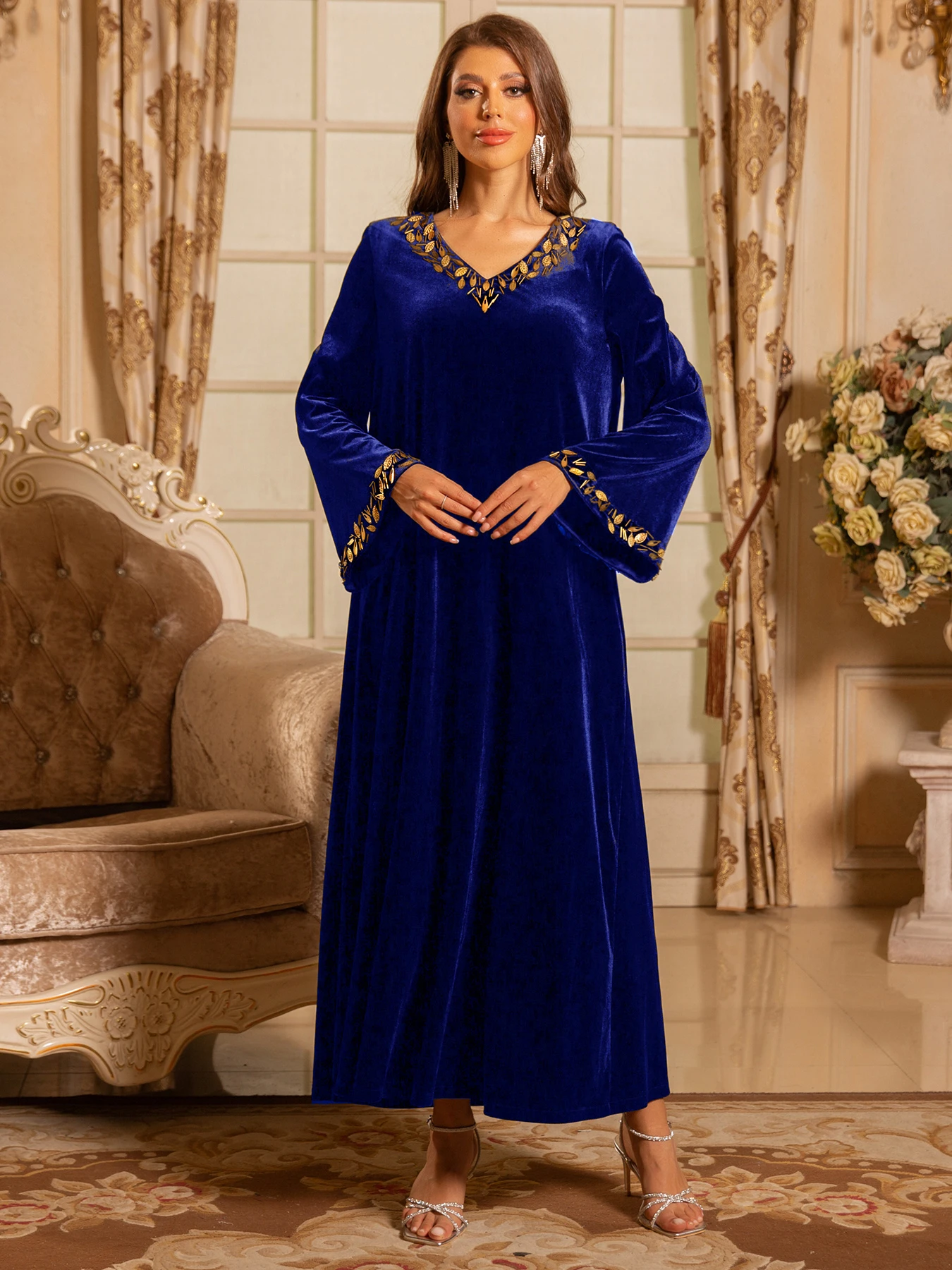 

Hand made Sequins Velvet V Neck Flare Sleeve Evening Event Dress Gowns for Women