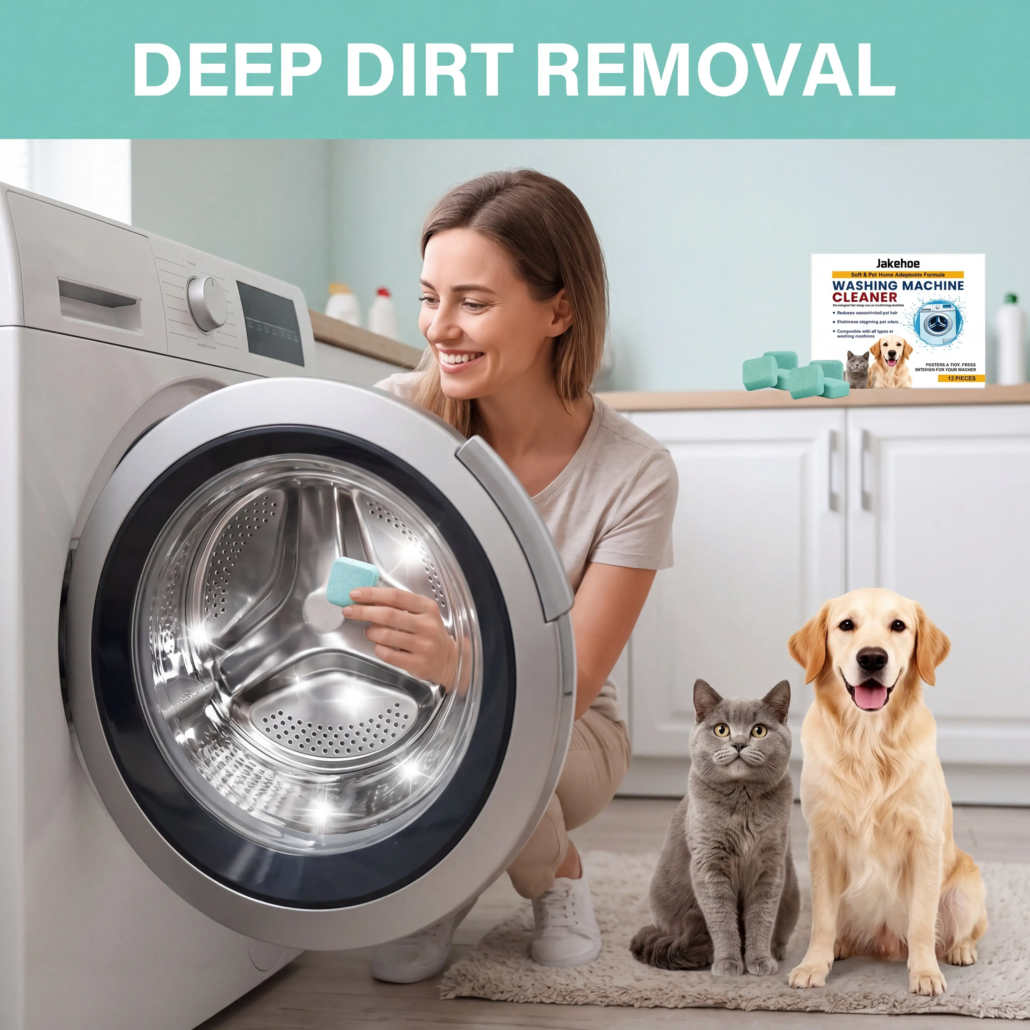 Pet Owners Washing Machine Cleaner Pads 12 pcs Effervescent Tablets Deep Cleaning Tank Odor Eliminator Remove Pet Hair 3 Month