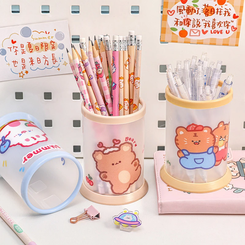 Round Pencil Holder Large Capacity Stationery Gifts Pen Storage Box Study Accessory Cartoon Pen Container Desk Organization