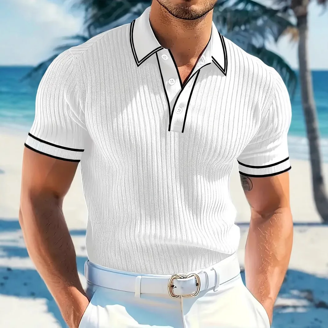 Men Striped Collar Polo Shirt Short Sleeve Slim Fit Ribbed Texture Contrast Trim Summer Casual Business Golf T Shirts