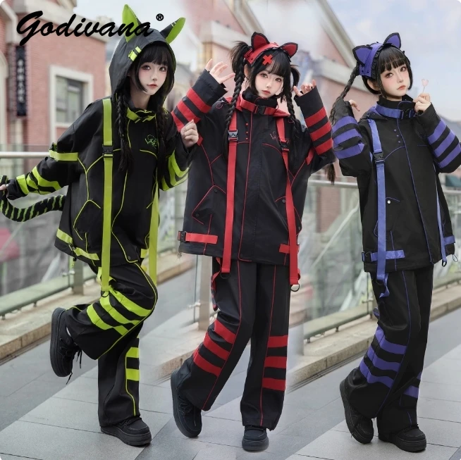 

Functional Wind Winter Cool Contrast Color Cat Ear Cosplay Clothes Set Y2K Hooded Thickened Warm Jacket and Shorts Pants Set2025