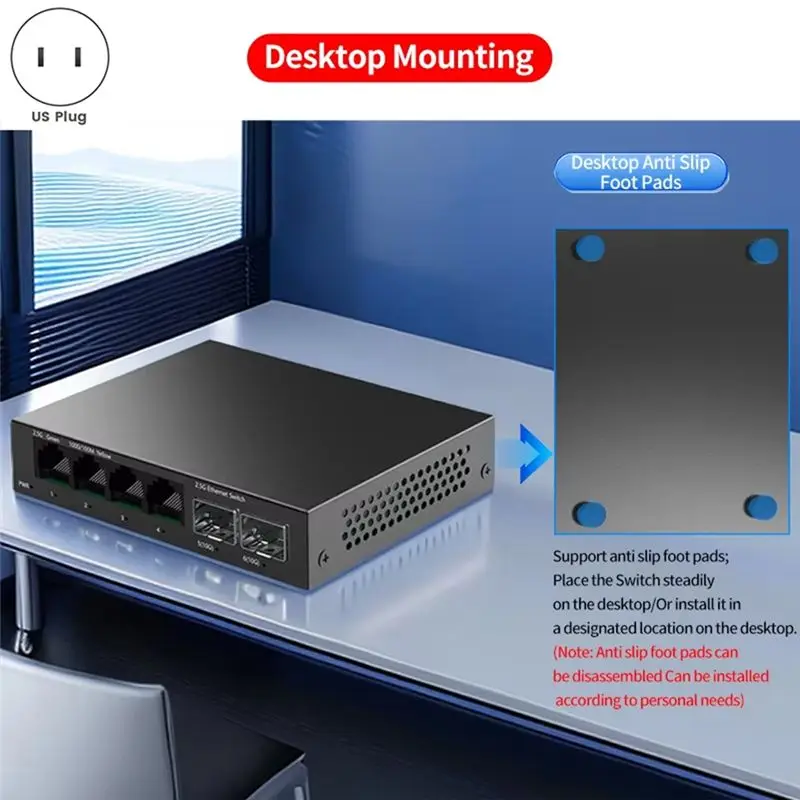 Leading-2.5GBASE-T 4 Port 2.5G RJ45 With 2 Port 10G SFP+ Fanless Desktop Wall Mounted US Plug