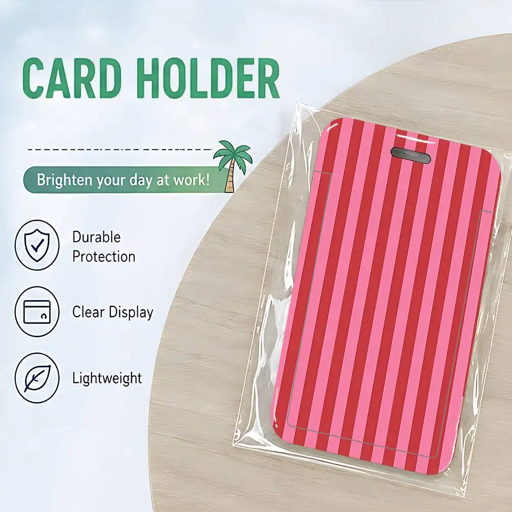 Striped Pink On Pink ID Card Holder Cute PVC Badge Holder Cartoon Card Cover Student ID Bus Card Case With Clear Window