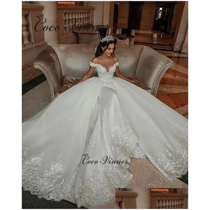 

Customized Arabic Fashion Dubai Wedding Dresses 2 IN 1 Design Mermaid Dress With Detachable Tail Bride Dress For Women W1343