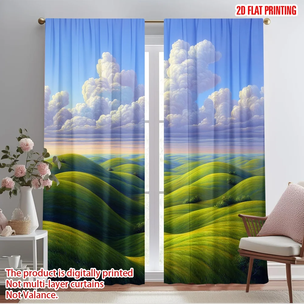 

2pcs 2D flat printing Window Drapes rolling green hills landscape Polyester Without Electricity Festive Curtains for Booths