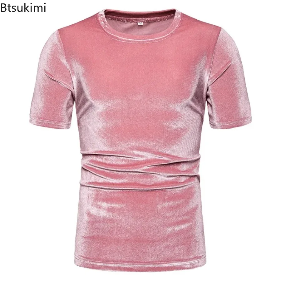 Men's Summer Velvet Round Neck Short Sleeve T-shirt Vintage Hip Hop Tees Tops Man Harajuku Punk Street Wear Korean Style Clothes