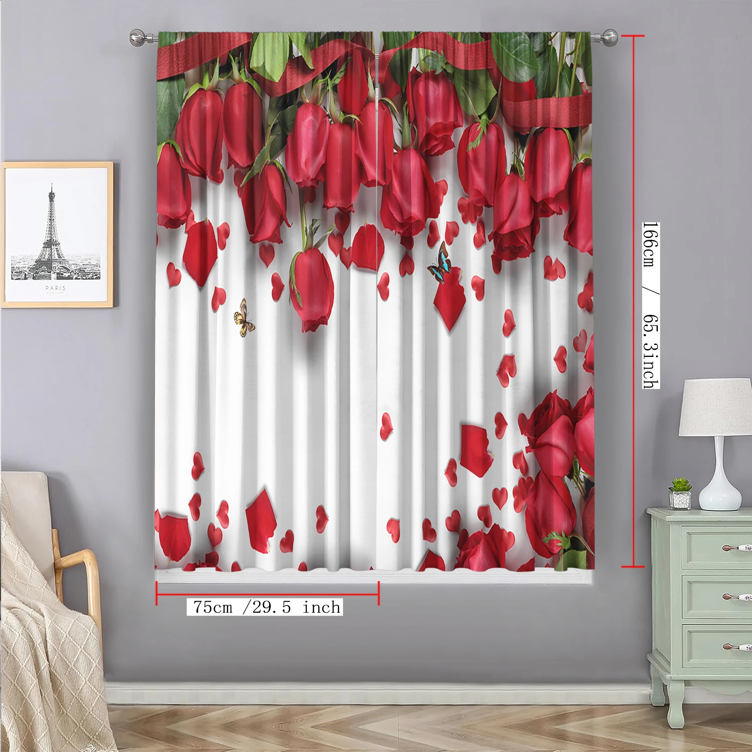 2PC Home Decoration Curtains, Rose Flowers With Pole Bag Curtains, Kitchen, Coffee Shop, Living Room, Balcony,Garden