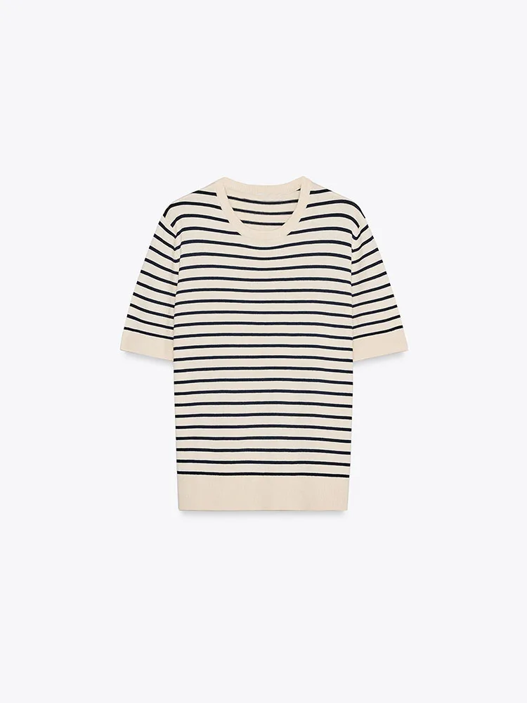 심플 캐주얼 반팔 라운드넥 니트 셔츠 신상 여름 컬렉션 여성용 다용도 스트라이프 출퇴근 스타일 레귤러 핏