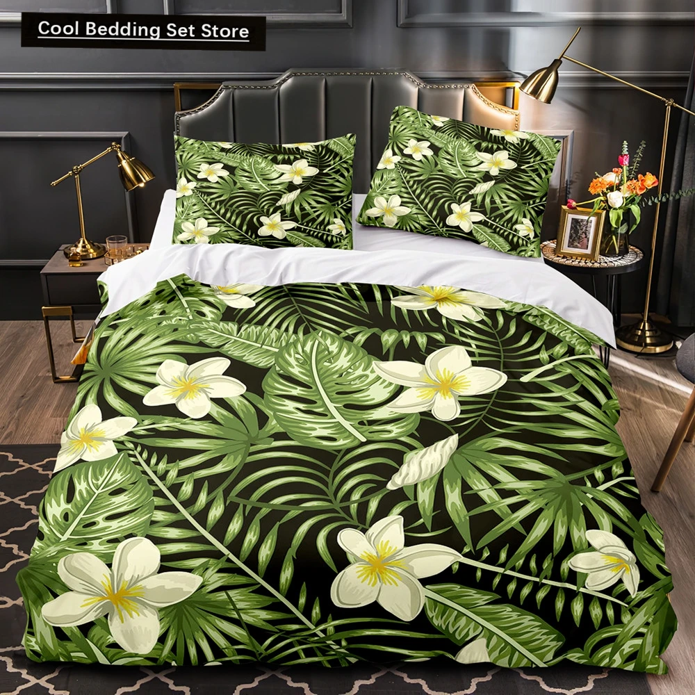 

Tropical Plants Floral King Queen Duvet Cover Green Palm Leaves Bedding Set Cream-colored Flowers 2/3pcs Polyester Quilt Cover