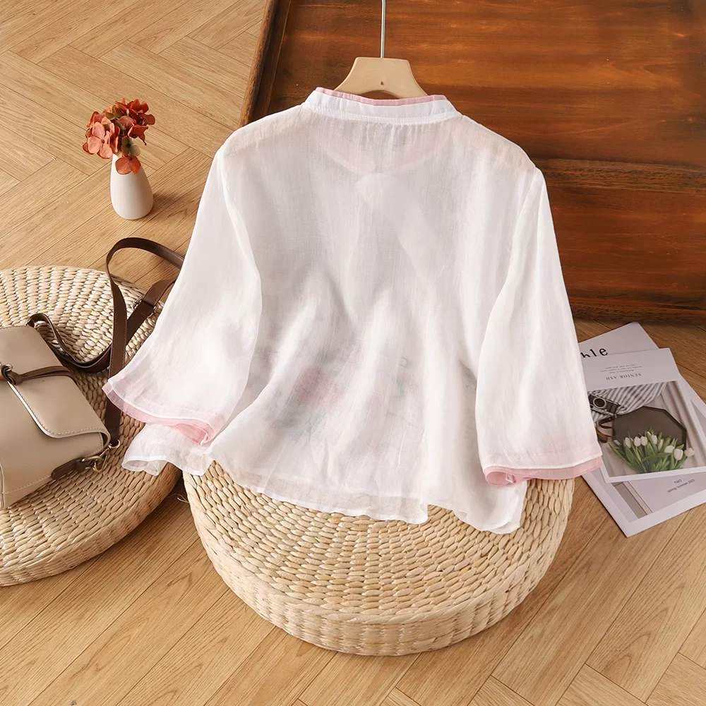 Camicia estiva in cotone e lino stile nazionale con colletto inclinato ricamato cinese, top abbottonato, manica a tre quarti retrò