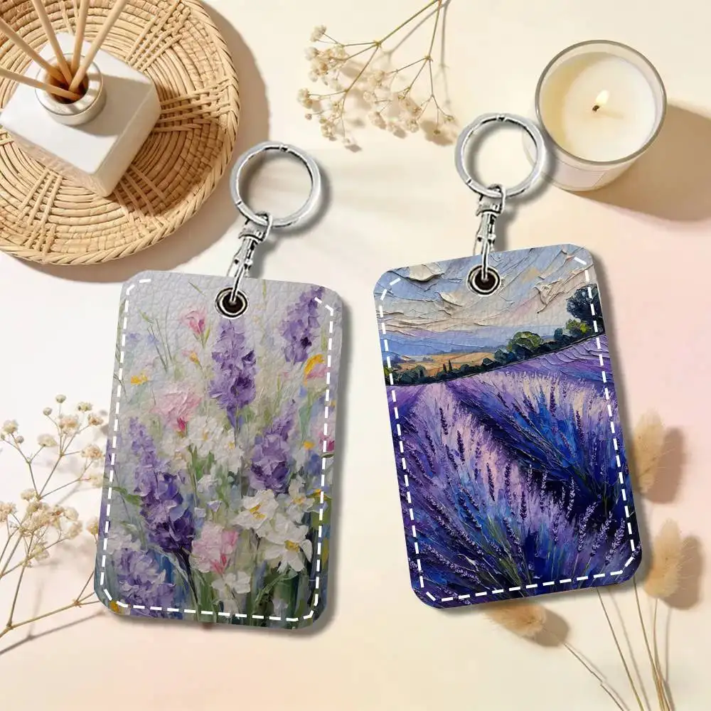 Purple Flower Oil Painting Card Wallet With Keychain PU Leather Printed Pattern Card Holder
