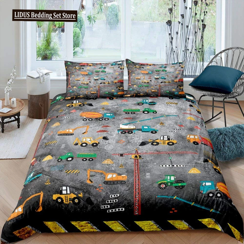 

Excavator Duvet Cover Set Microfiber Tractor Truck Comforter Cover Twin Construction Vehicle Cartoon Bedding Set For Boys Teens