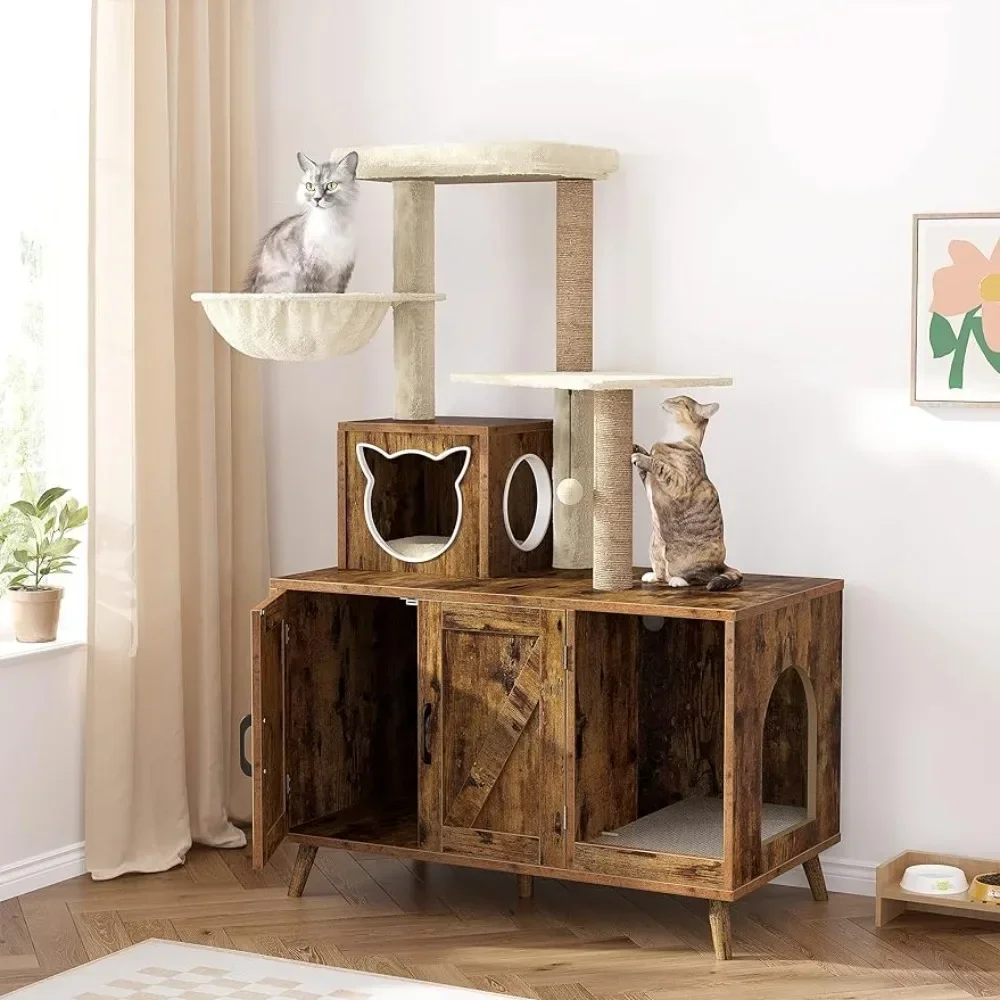 Cat Litter Box Enclosure Tree with Litter Box Enclosure Cat Towers for Large Wooden Cat Condo Furniture with Washroom  Tree