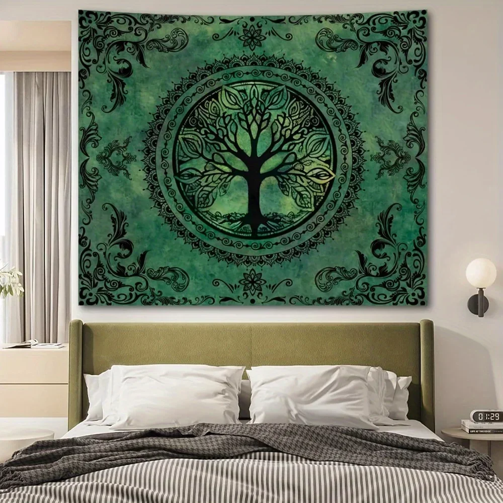 Green Tree Of Life Tapestry For Bedroom Boho Mandala Tree Wall Art Tapestries Aesthetic Hippie Nature Floral Backdrop Poster