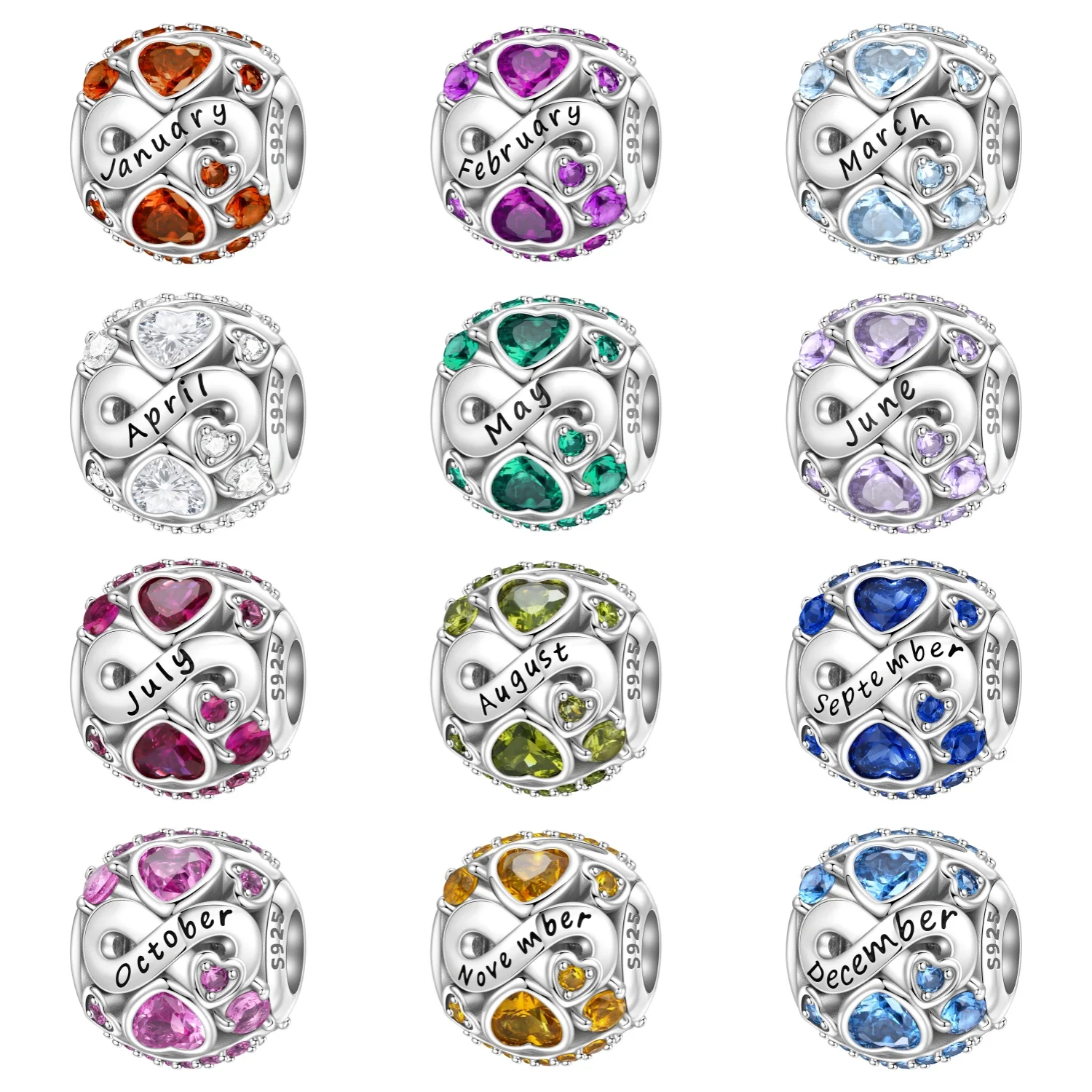 MISEFF S925 Sterling Silver Bead Sparkling Zirconia Birthstone Heart Beads January to December Fit Bracelet DIY Jewelry Making