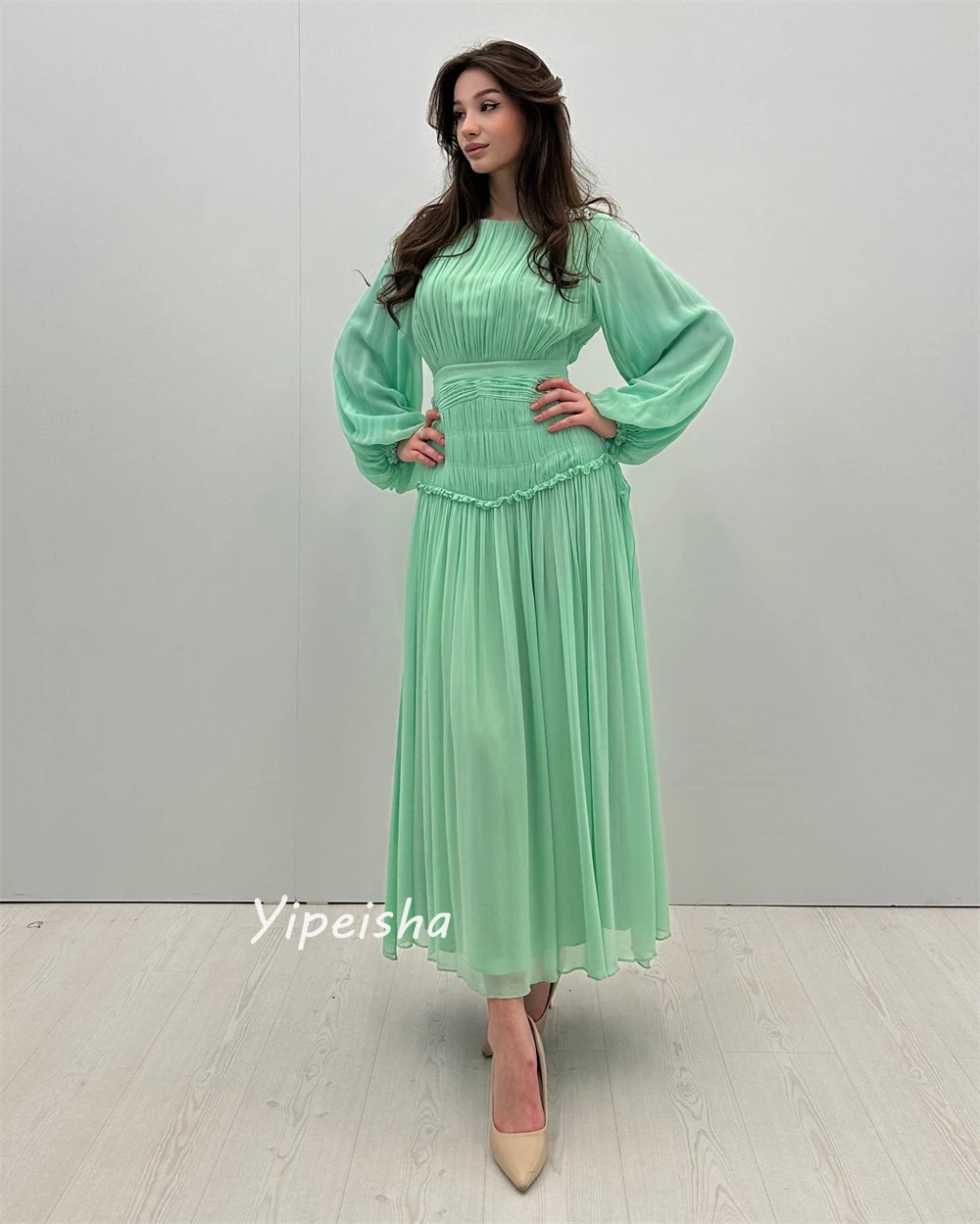 Customized Modern Style Formal Evening O-Neck A-line Beading Draped Ankle-Length Chiffon Bespoke Occasion Dresses