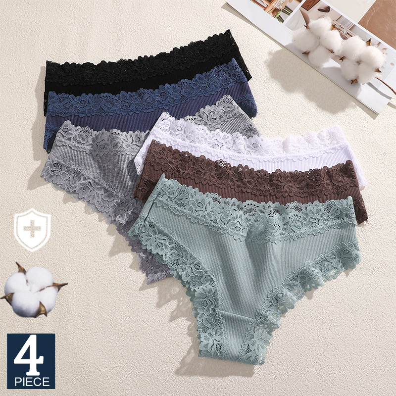  FINETOO 4PCS Sexy Lace Cotton Panties Women Brazilian Panties Ladies Sexy Low Waist Elastic T-Back Bikini Solid Soft Lingerie 