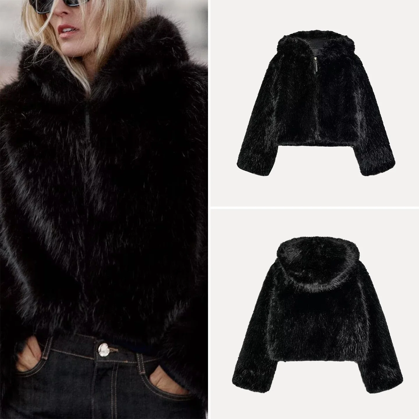 

Женская модная куртка-пальто из искусственного меха с капюшоном, приталенная, укороченная, на молнии, однотонная, осень 2025