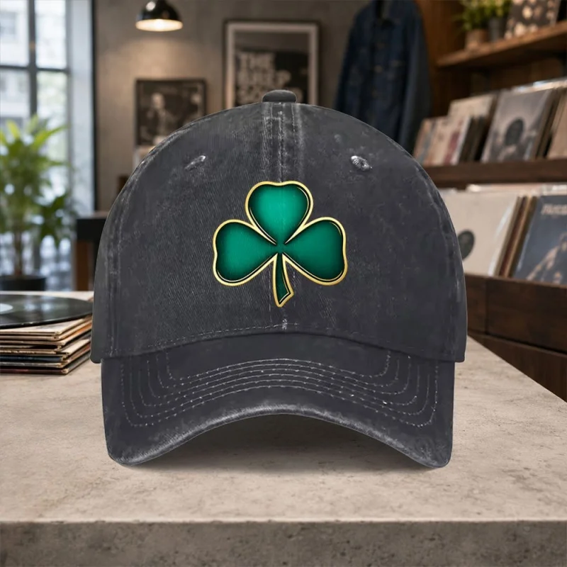 Clover Pattern Baseball Cap for Men & Women, Adjustable Hook & Loop, Four-Clover Emblem, Lightweight Washed Casual Hat