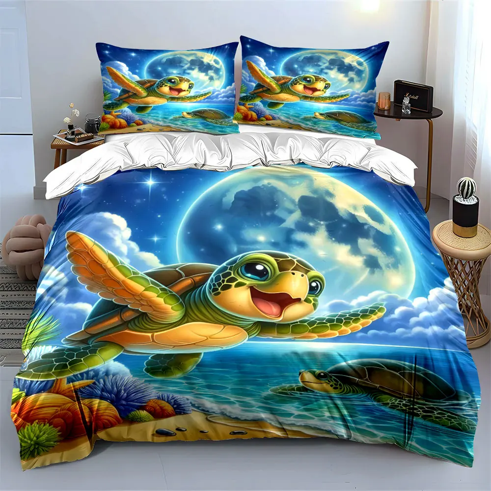 Turtles, ocean, moonlit sky. Print Bedding Set 1 Duvet Cover 2 Pillowcases for Adult and Children Luxury Gift Full Size