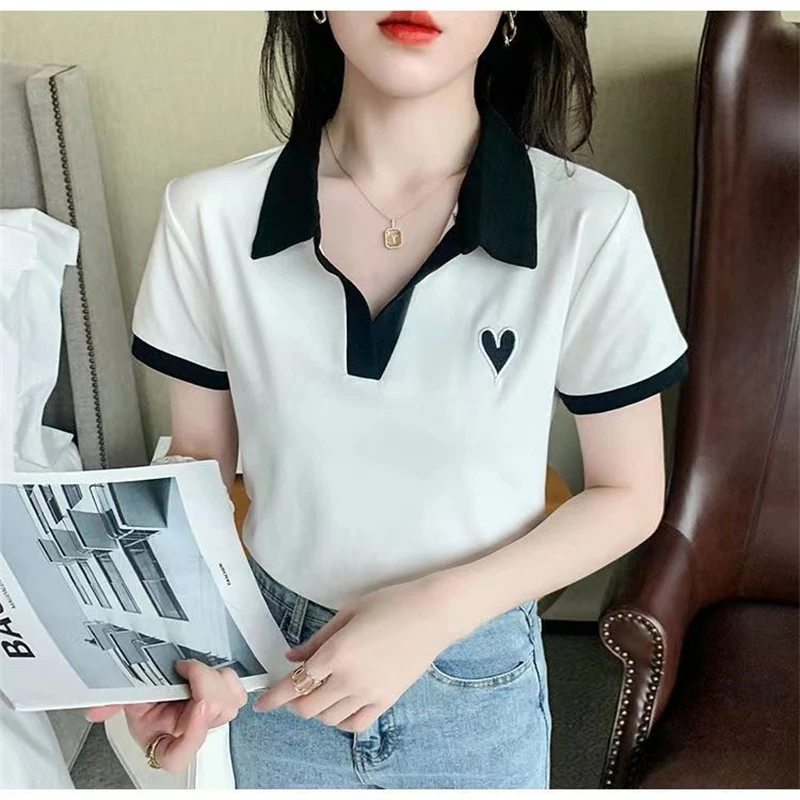 Women Summer Trendy Contrast Color Patchwork Slim Tees Korean Style Short Sleeve Polo Collar T-shirt Casual Embroidery Chic Tops