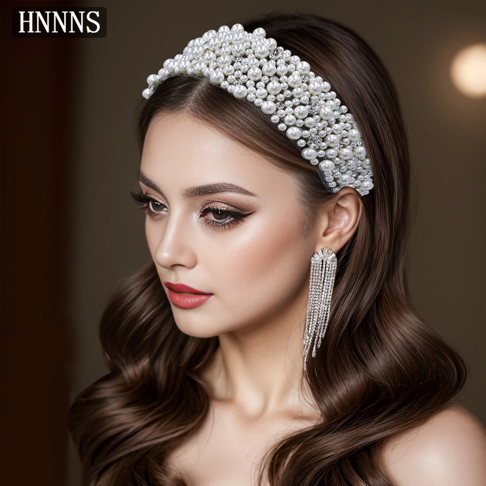 

HNNNS Full Pearls Wide Headband With Rhinestone Elegant Headpiece Popular Women Headwear Wedding Dress Hair Accessories A210
