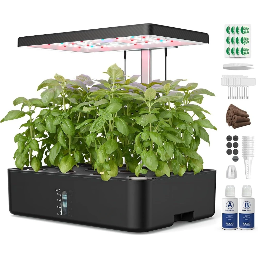 Kit de sistema de plantación hidropónica con luz LED de crecimiento, ventilador incorporado, temporizador automático, altura ajustable, hasta 11,3 pulgadas