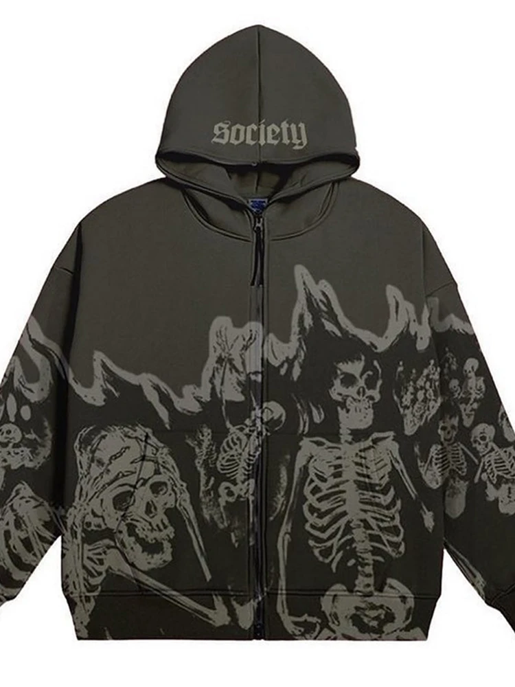 BIG PROMOTION Y2K Hip Hop Gothic Hoodie Men's Street Apparel Skull Pattern Zip Up Sweatshirt Casual Top Vintage Coat Unisex