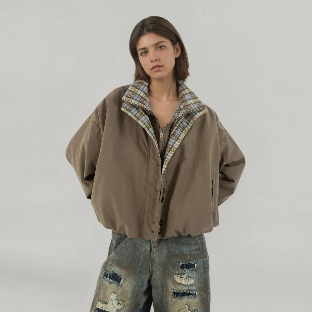 CiCi 2025 الخريف الشتاء الرجعية Colorblock منقوشة السترة معطف المرأة موضة وهمية قطعتين تصميم مزيج القطن والبوليستر #4