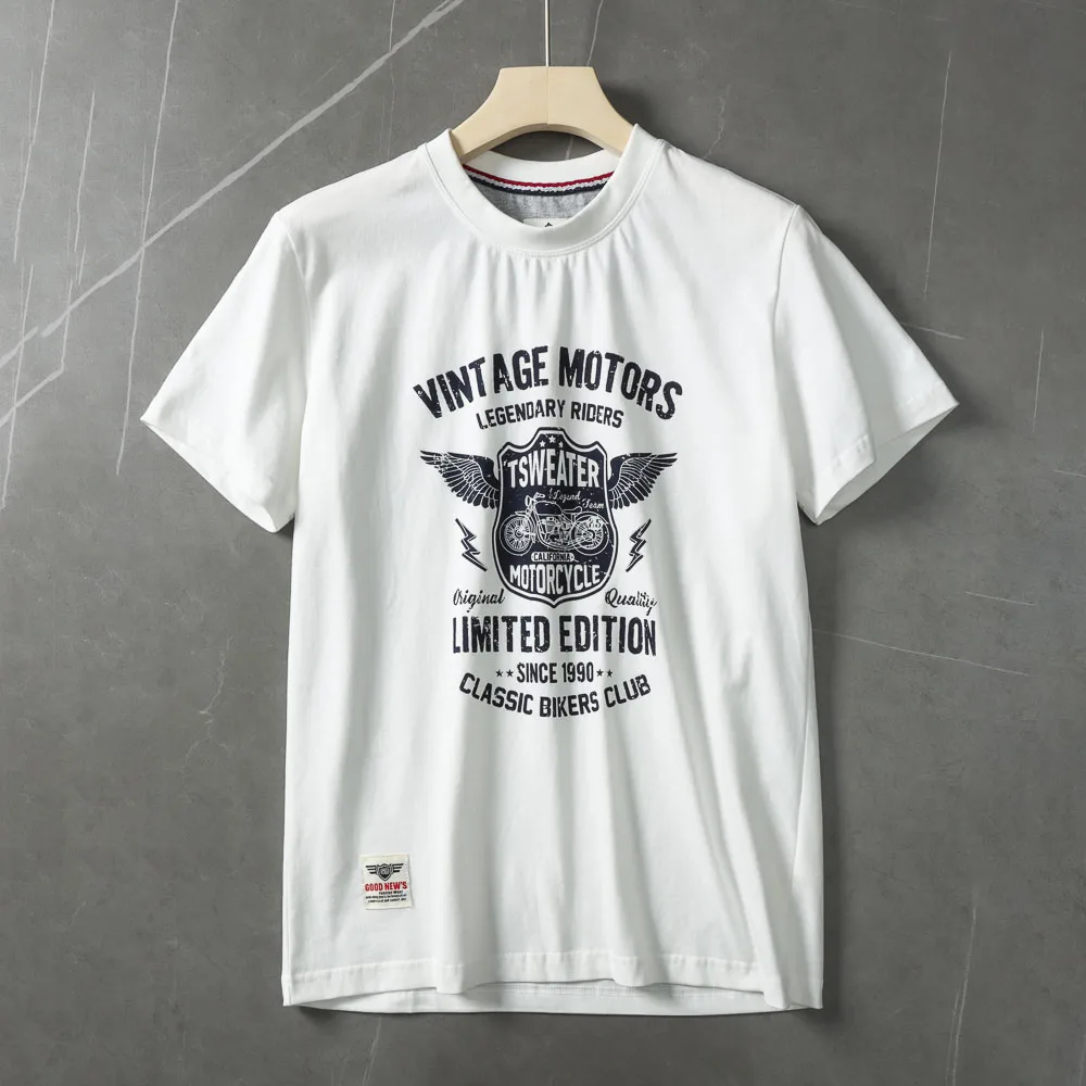 2025 Summer American Retro Short Sleeve O-neck Letter Motorcycle Printed T-shirt Men's Fashion 100% Cotton Washed Casual Tops